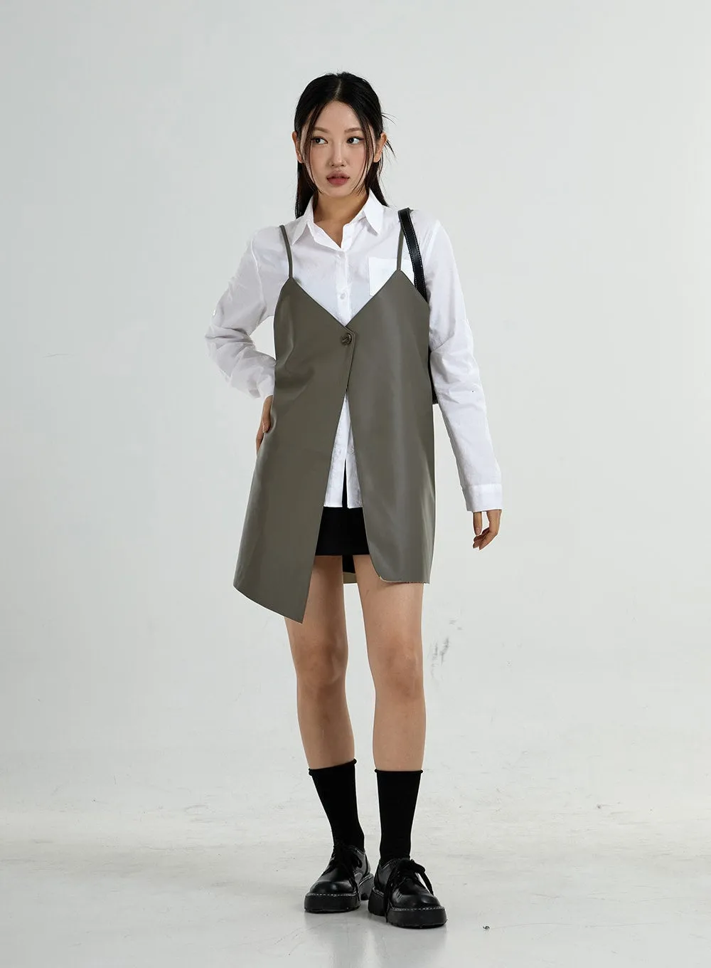 One Button Layered Faux Leather Dress CO24 sold by Lewkin product image thumbnail 3