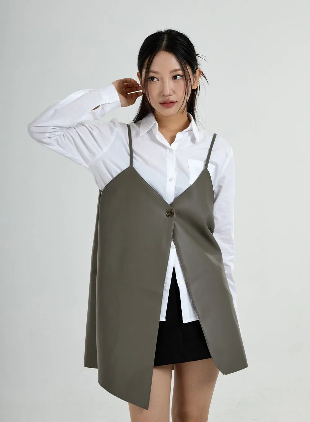 One Button Layered Faux Leather Dress CO24 sold by Lewkin product image thumbnail 4