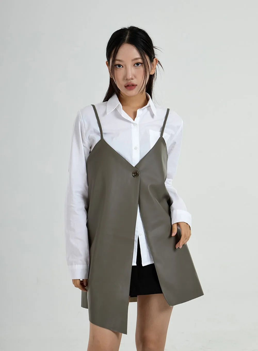 One Button Layered Faux Leather Dress CO24 sold by Lewkin