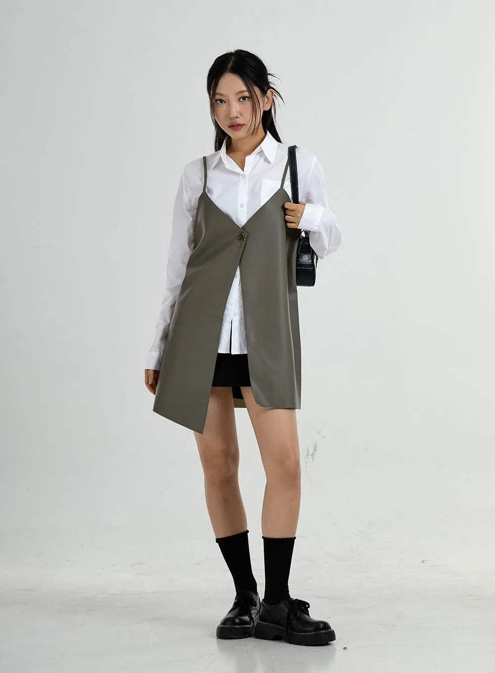 One Button Layered Faux Leather Dress CO24 sold by Lewkin product image thumbnail 5