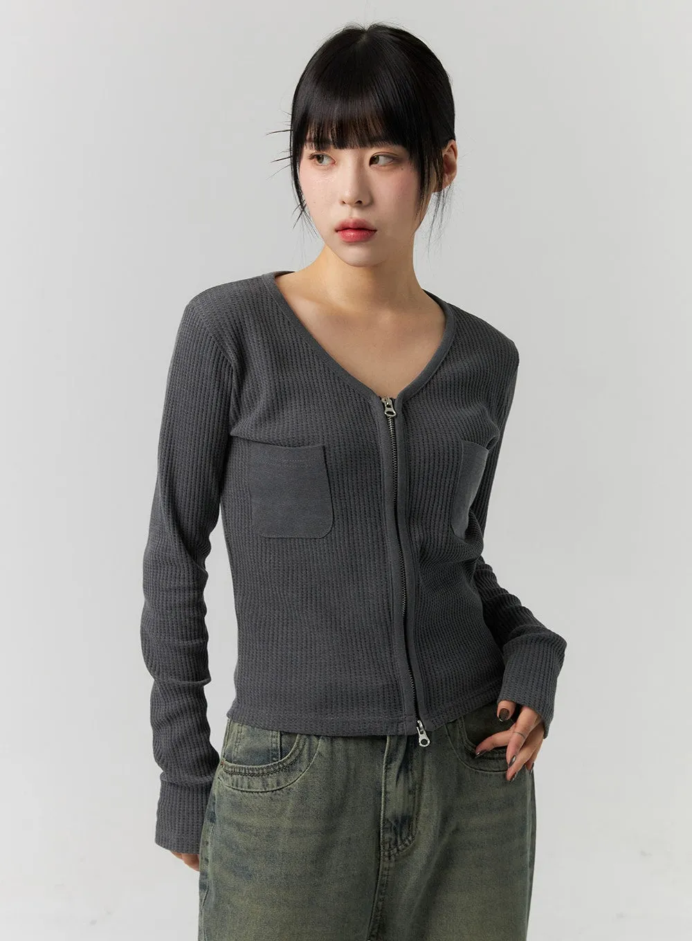 Ribbed V-Neck Zip Up Top CS314 sold by Lewkin