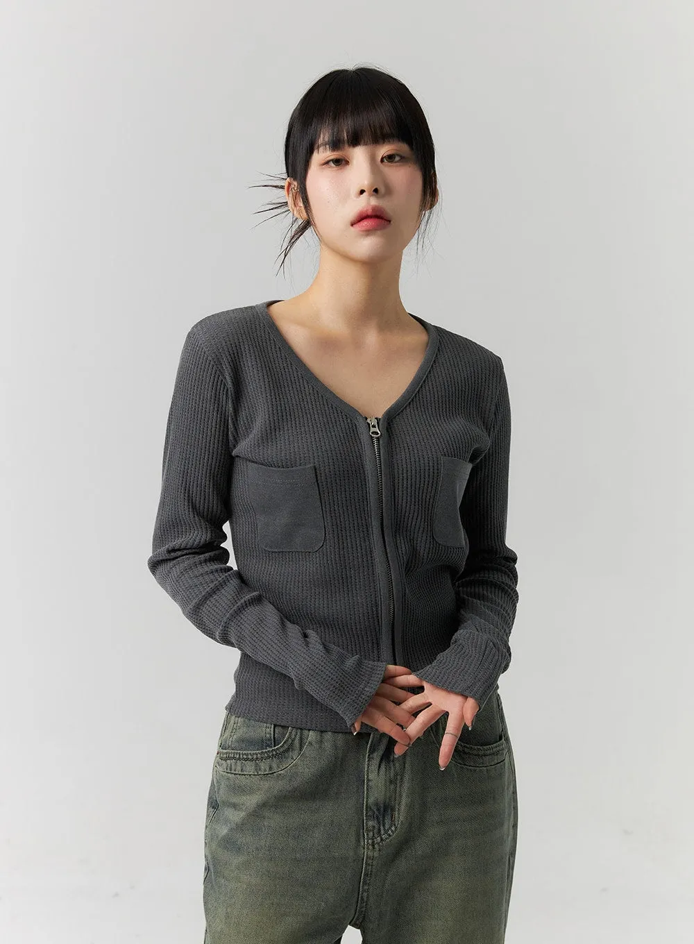 Ribbed V-Neck Zip Up Top CS314 sold by Lewkin product image thumbnail 4