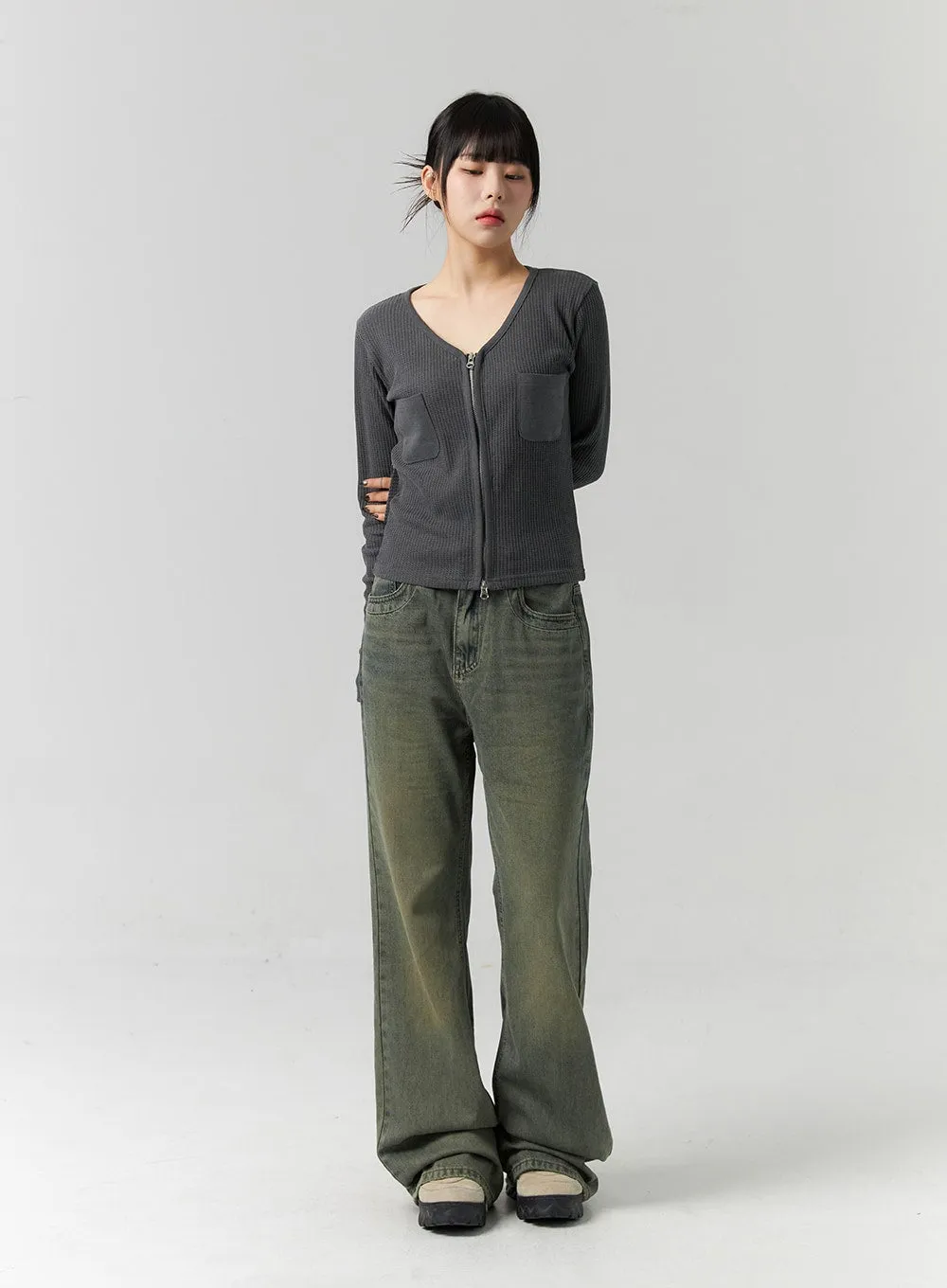 Ribbed V-Neck Zip Up Top CS314 sold by Lewkin product image thumbnail 3