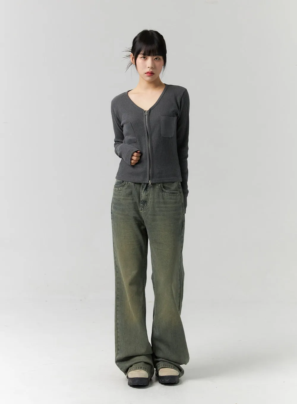 Ribbed V-Neck Zip Up Top CS314 sold by Lewkin product image thumbnail 2