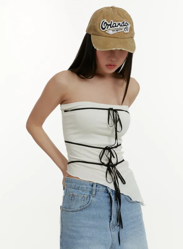 Asymmetrical Tube Top with Ribbon CY408 sold by Lewkin