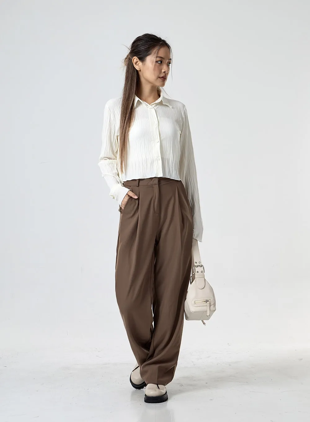 Pintuck Wide Tailored Pants With 3 Versions Of Length CG24 sold by Lewkin