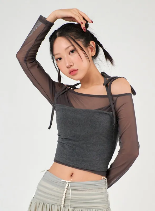 Sheer Long Sleeve Top & Halter Tank Top Set IJ402 sold by Lewkin