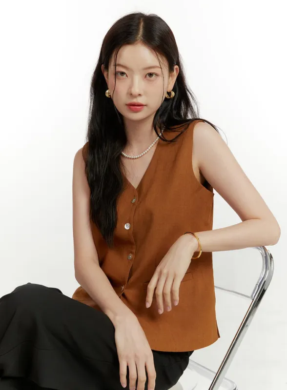 Linen V-Neck Sleeveless Vest OU419 sold by Lewkin