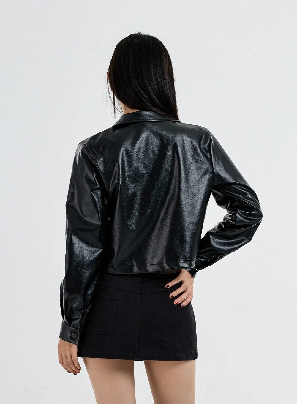 Front Pocket Faux Black Leather Crop Jacket CO05 sold by Lewkin product image thumbnail 5