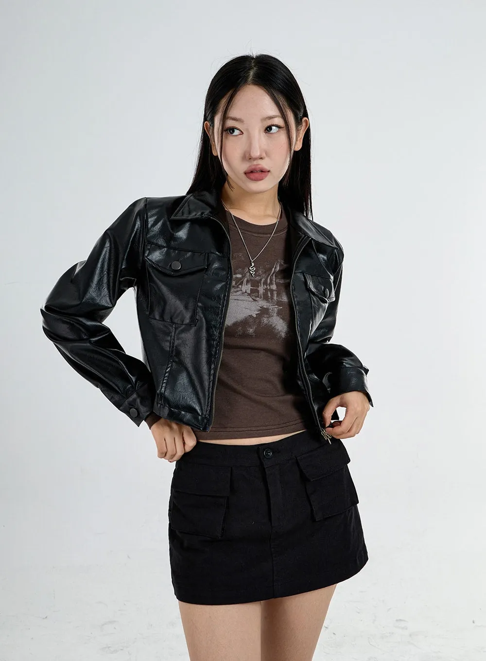 Front Pocket Faux Black Leather Crop Jacket CO05 sold by Lewkin product image thumbnail 4