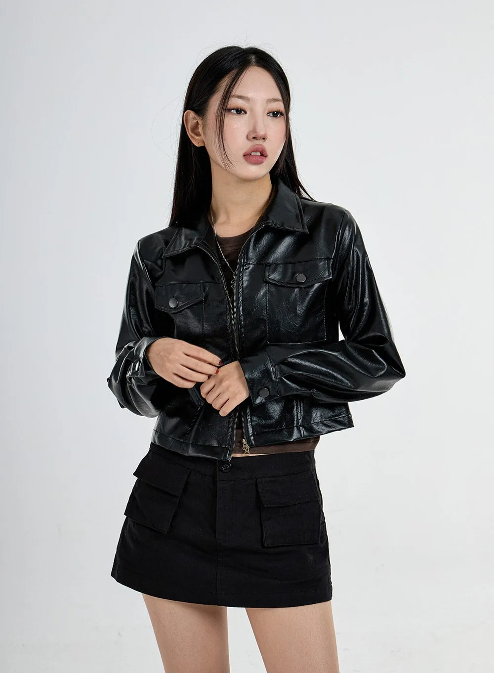 Front Pocket Faux Black Leather Crop Jacket CO05 sold by Lewkin