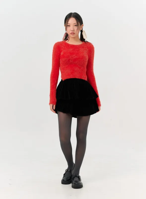 Velvet Tiered Mini Skirt IN301 sold by Lewkin