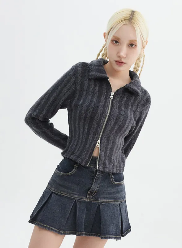 Stripe Fleece Zip Up Sweater IN327 sold by Lewkin