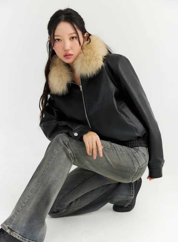 Faux Leather Jacket with Fur Collar CN303 sold by Lewkin