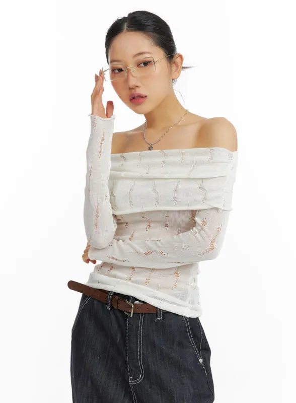 Destroyed Mesh Off-Shoulder Long Sleeve Tee CF416 sold by Lewkin