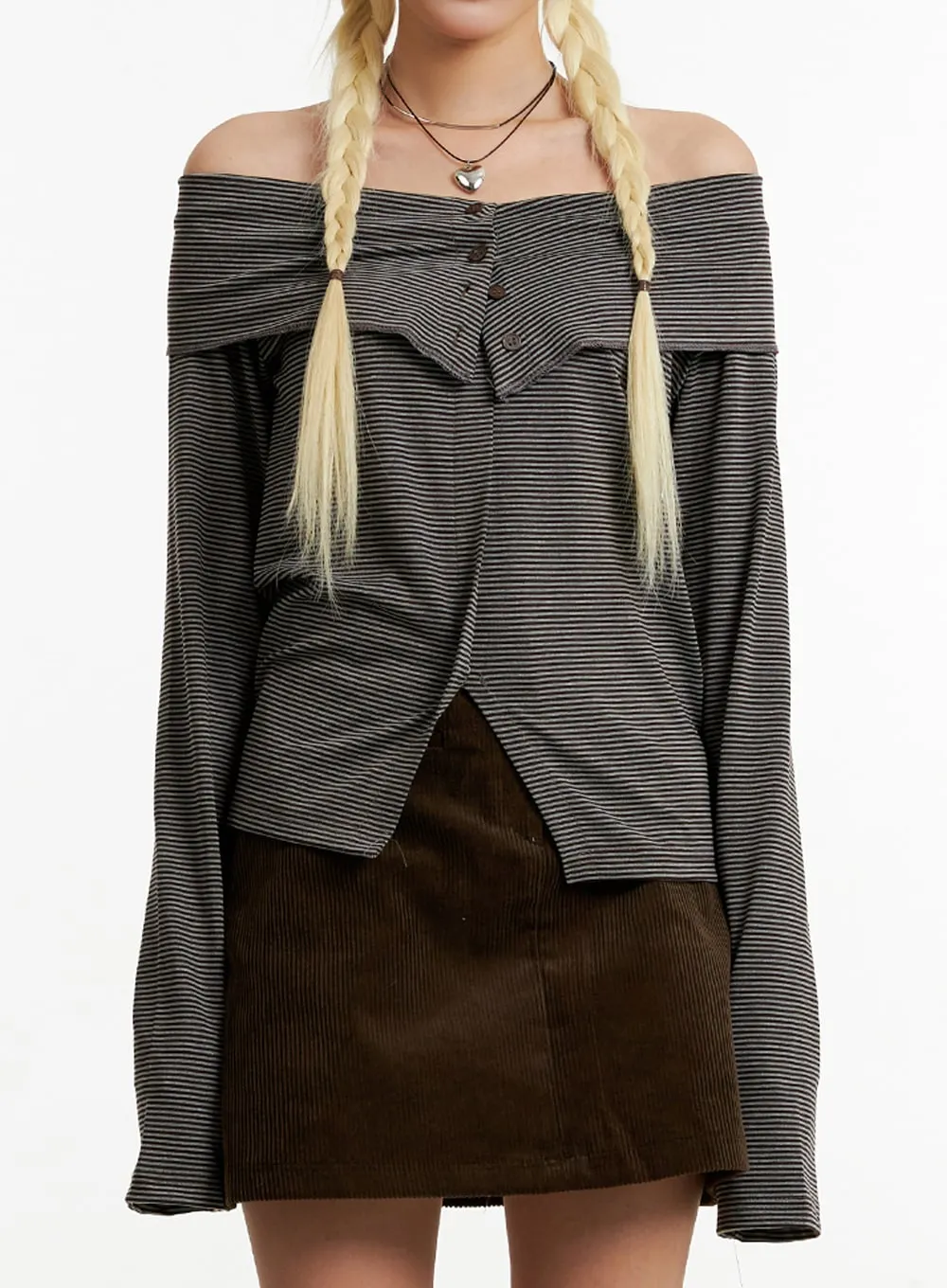 Buttoned Off-Stripe Off-Shoulder Top ID315 sold by Lewkin product image thumbnail 3