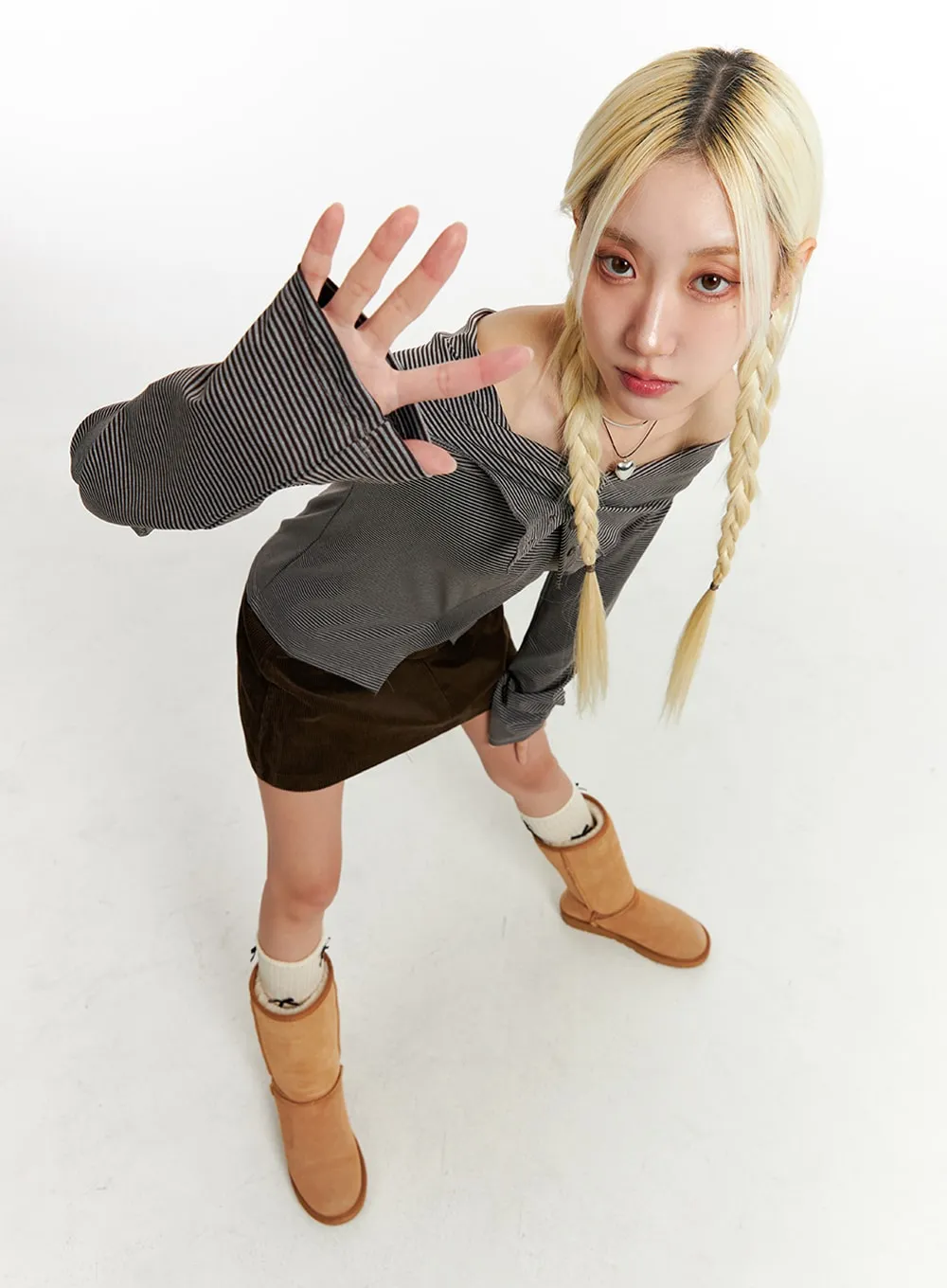 Buttoned Off-Stripe Off-Shoulder Top ID315 sold by Lewkin