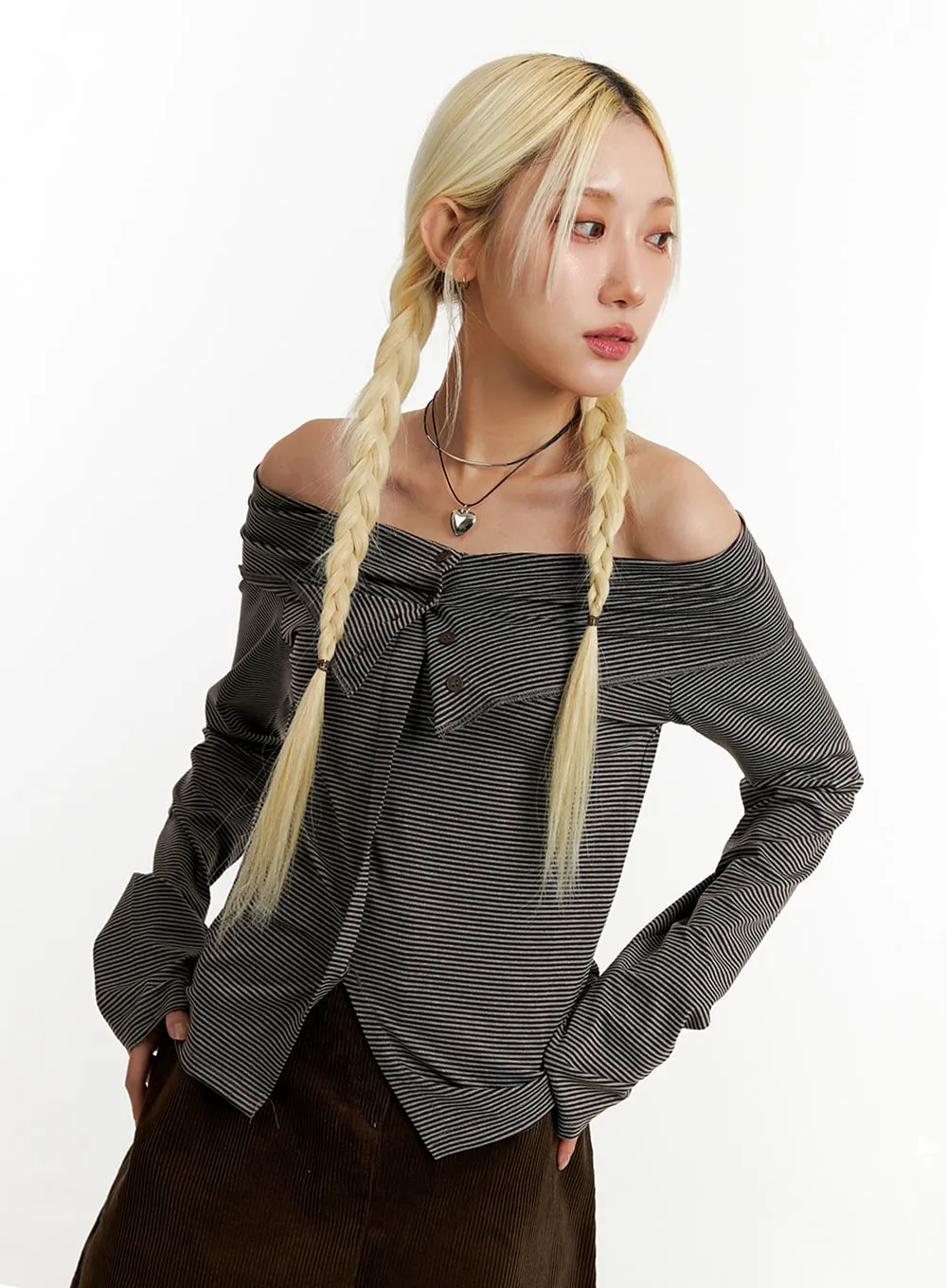 Buttoned Off-Stripe Off-Shoulder Top ID315 sold by Lewkin product image thumbnail 4