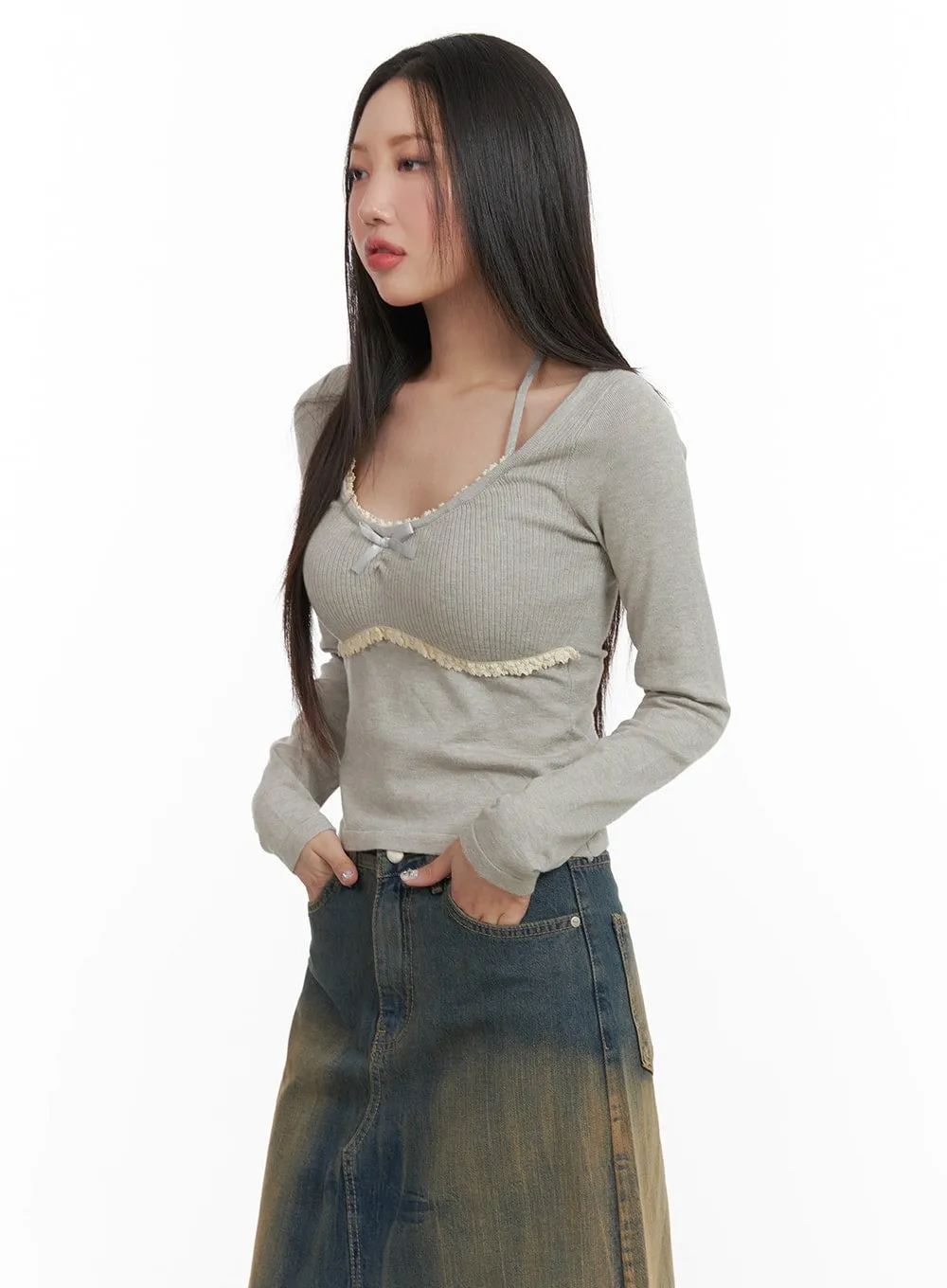 Ribbon Lace Scoop Neck Top CA415 sold by Lewkin