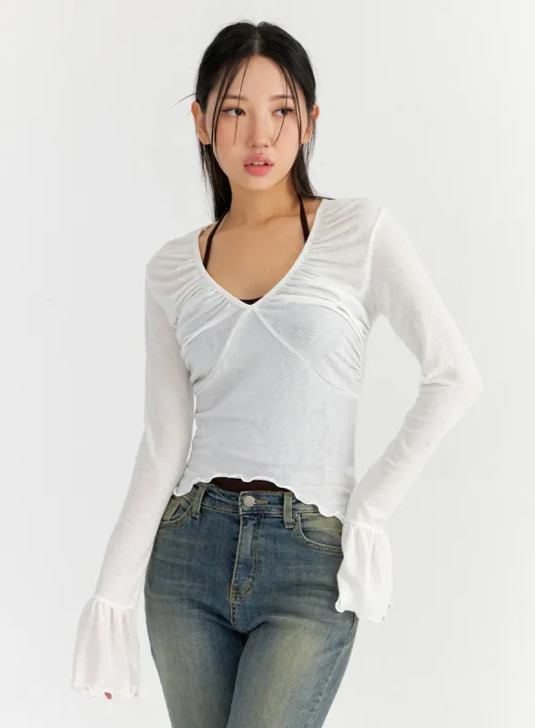 Mesh V-Neck Shirred Crop Top CO327 sold by Lewkin