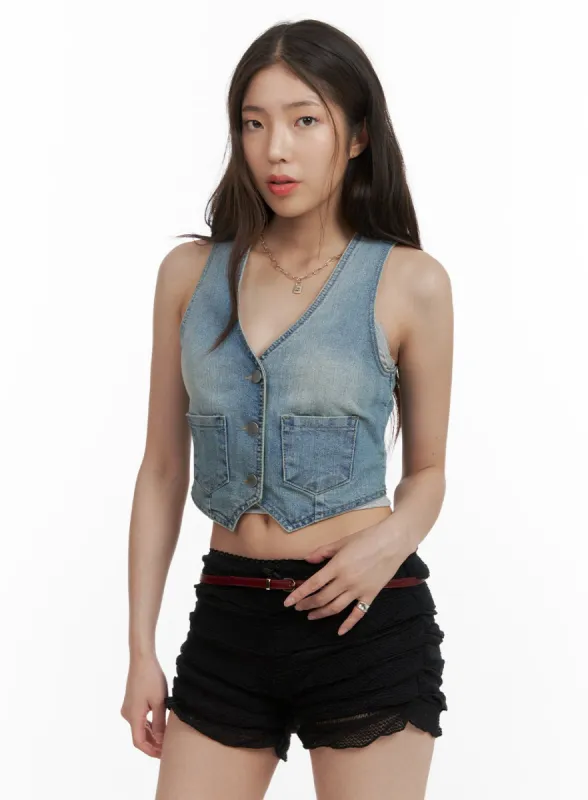Denim V-Neck Cropped Vest CY416 sold by Lewkin