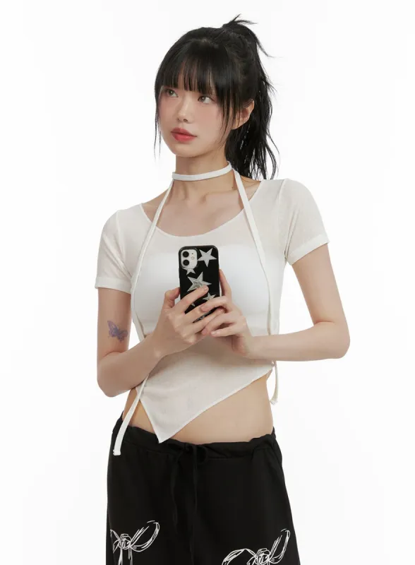 Sheer Chic Crop Top with Thin Scarf CU410 sold by Lewkin