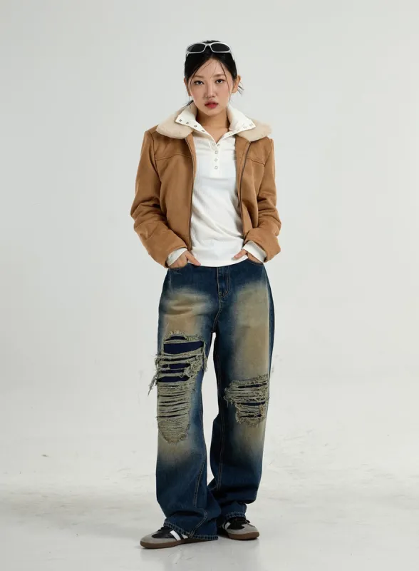 Vintage Washing Ripped Wide Leg Denim Pants CO27 sold by Lewkin
