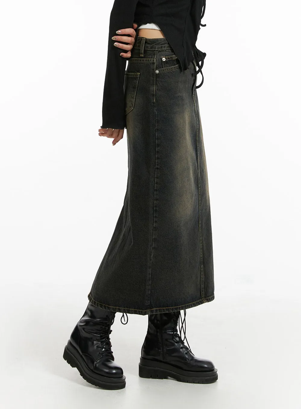 Denim Mid Waist Pocket Maxi Skirt CJ411 sold by Lewkin product image thumbnail 4