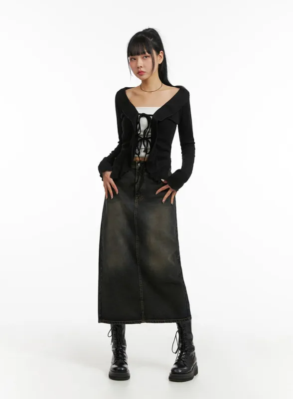Denim Mid Waist Pocket Maxi Skirt CJ411 sold by Lewkin