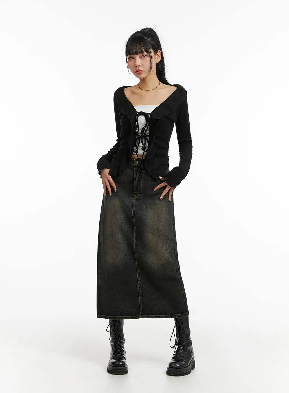 Denim Mid Waist Pocket Maxi Skirt CJ411 sold by Lewkin