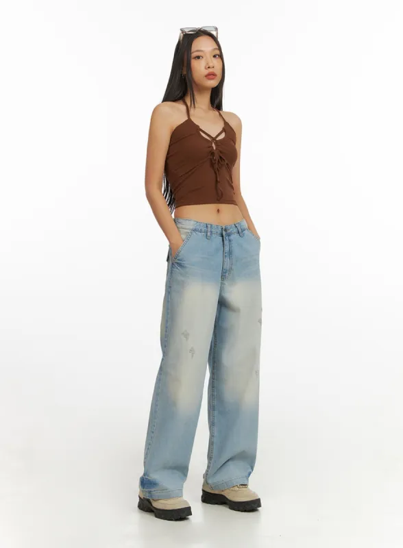 Washed Denim Wide Leg Jeans IY422 sold by Lewkin
