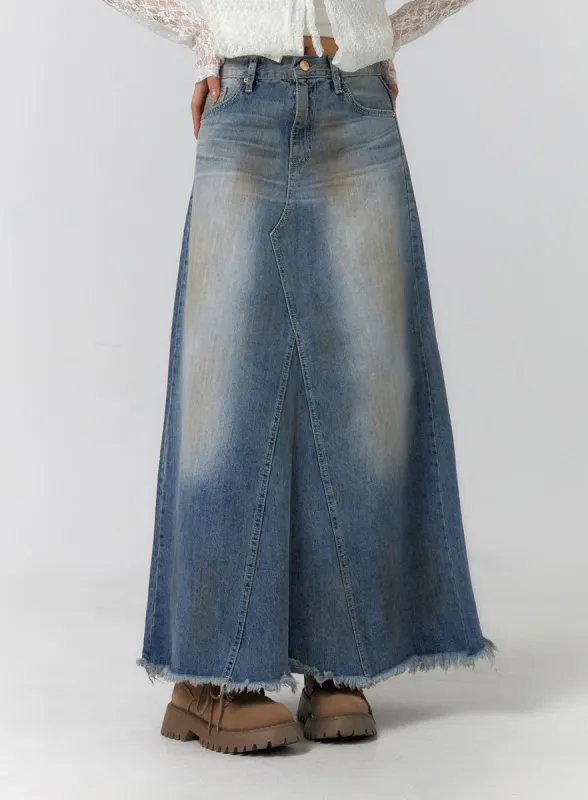 Vintage Washed Raw Hem Maxi Skirt CF405 sold by Lewkin