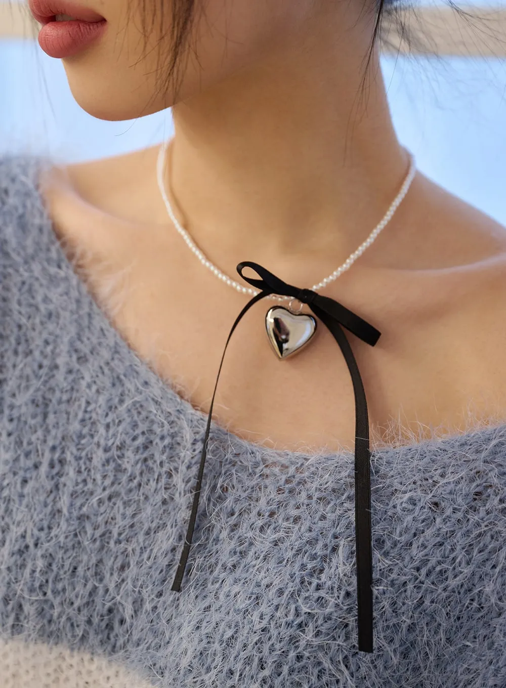 Balletcore Beaded Ribbon Heart Necklace OD327 sold by Lewkin