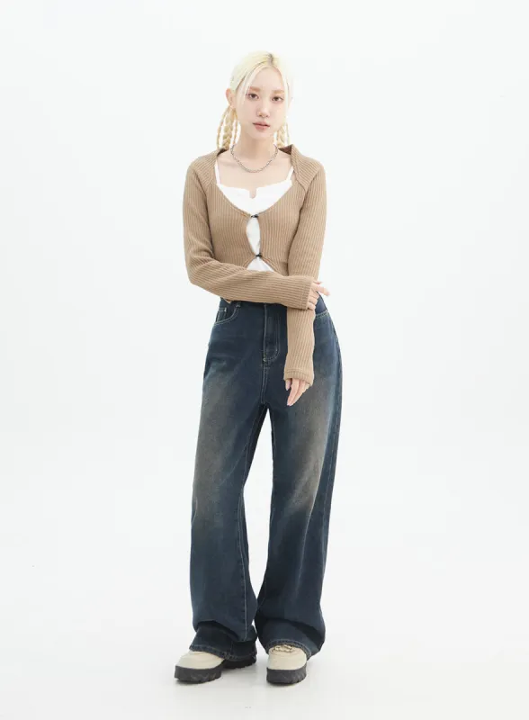 Washed Wide Leg Denim Jeans IN328 sold by Lewkin