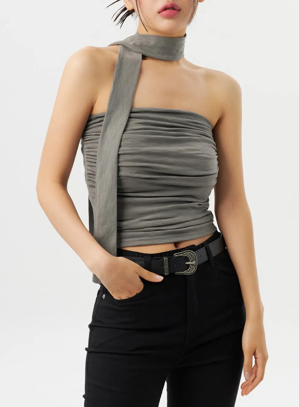 Ruched Tube Top With Scarf CY315 sold by Lewkin product image thumbnail 2