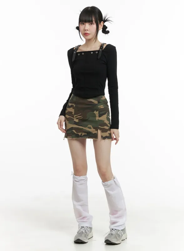 Camo Split Destroyed Hem Mini Skirt OM426 sold by Lewkin