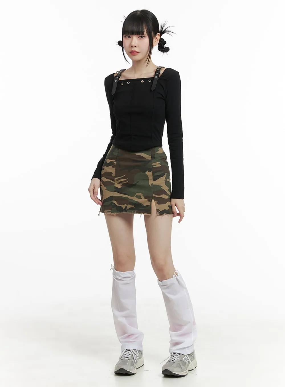 Camo Split Destroyed Hem Mini Skirt OM426 sold by Lewkin