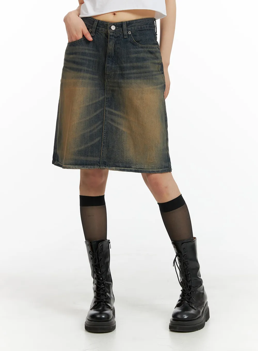 Vintage Washed Midi Denim Skirt CM413 sold by Lewkin