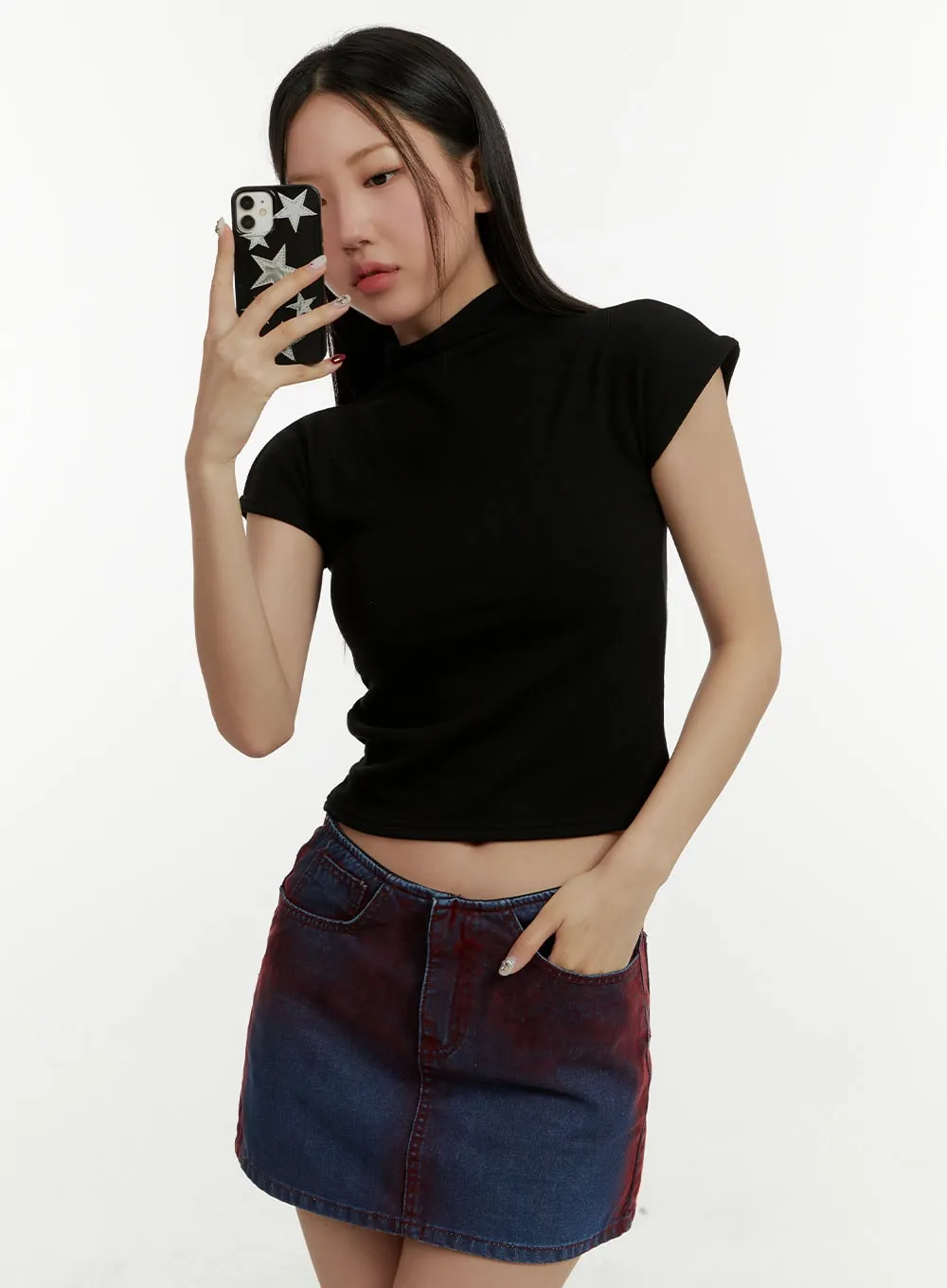 Mock Neck Short Sleeve Crop Tee CY408 sold by Lewkin