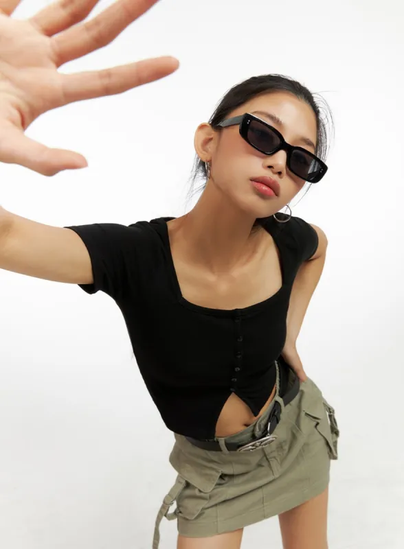 Square Neck Button Crop Top IU412 sold by Lewkin