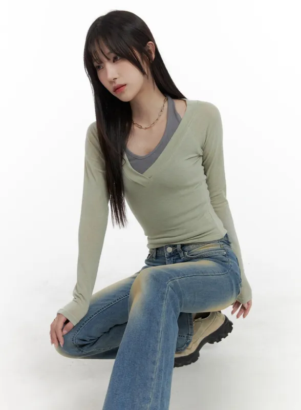 Solid V-Neck Long Sleeve Top CA402 sold by Lewkin