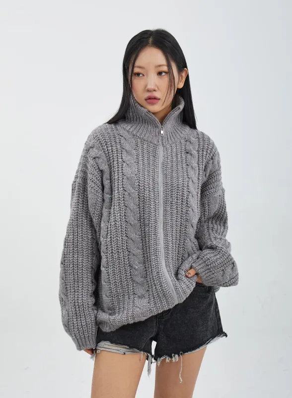 Cable Knit Oversized Zip-Up Sweater CJ317 sold by Lewkin