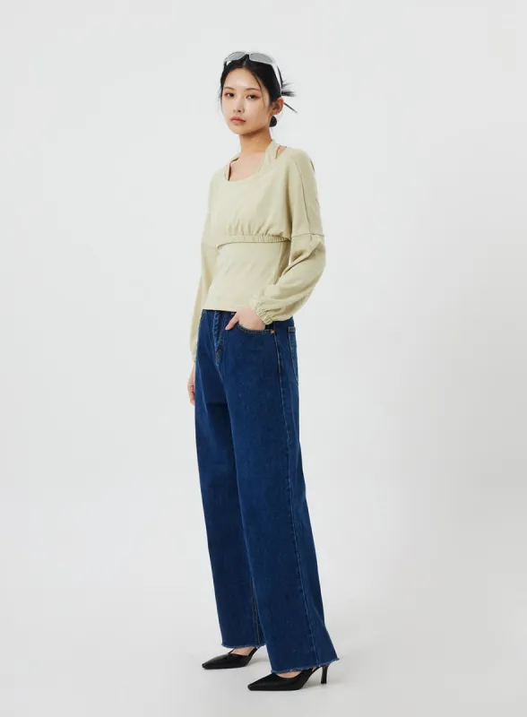 Wide Leg Dark Wash Jeans CF323 sold by Lewkin