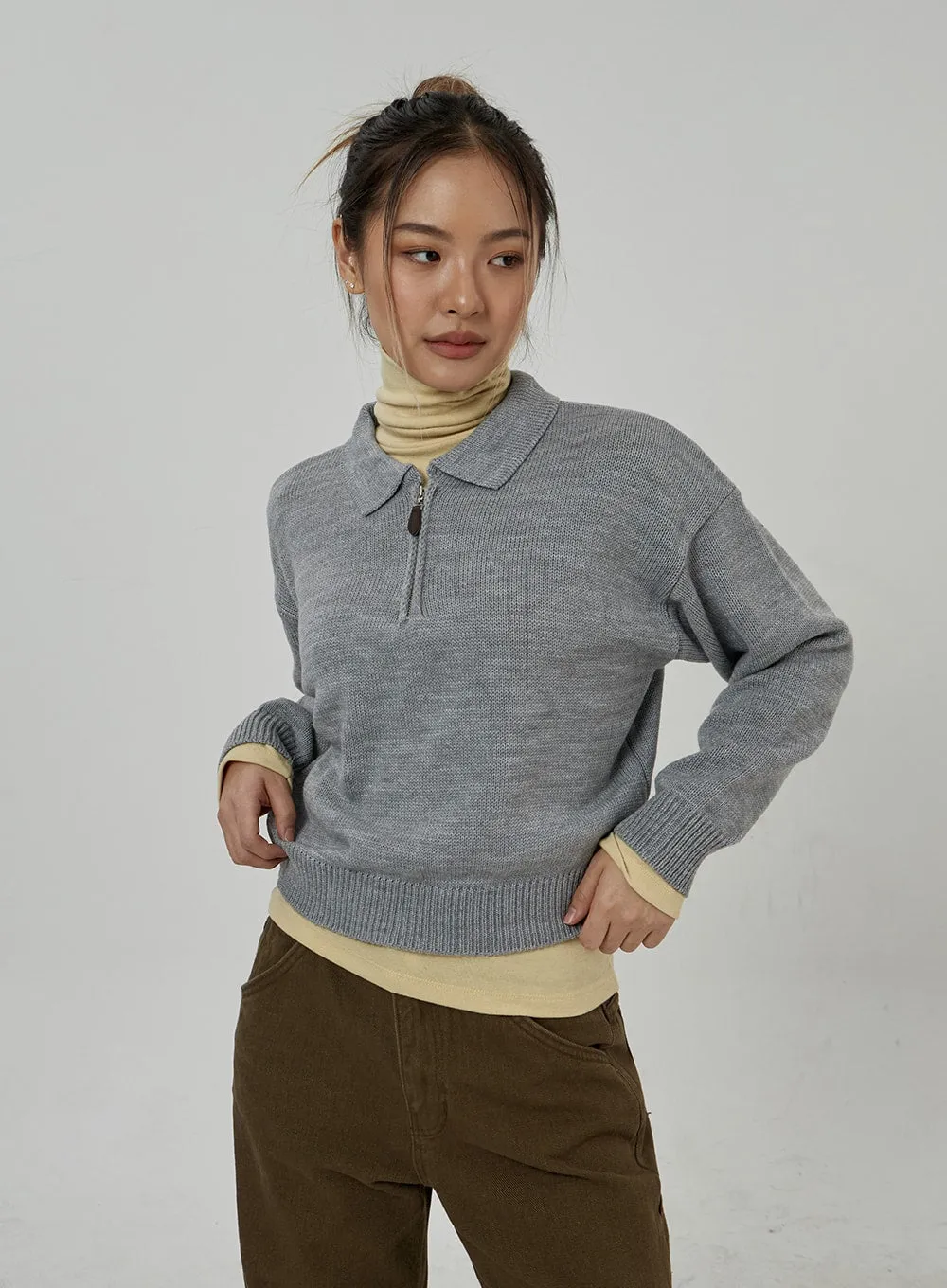 Zip-Up Neck Cropped Knit Top CD22 sold by Lewkin product image thumbnail 5