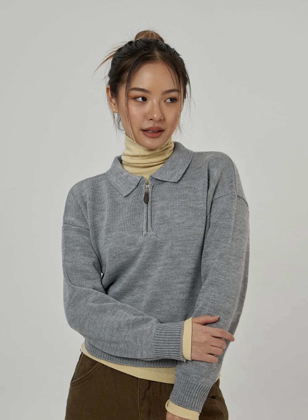Zip-Up Neck Cropped Knit Top CD22 sold by Lewkin product image thumbnail 2