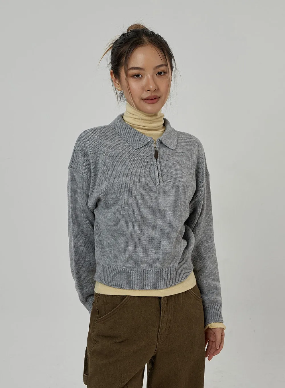 Zip-Up Neck Cropped Knit Top CD22 sold by Lewkin