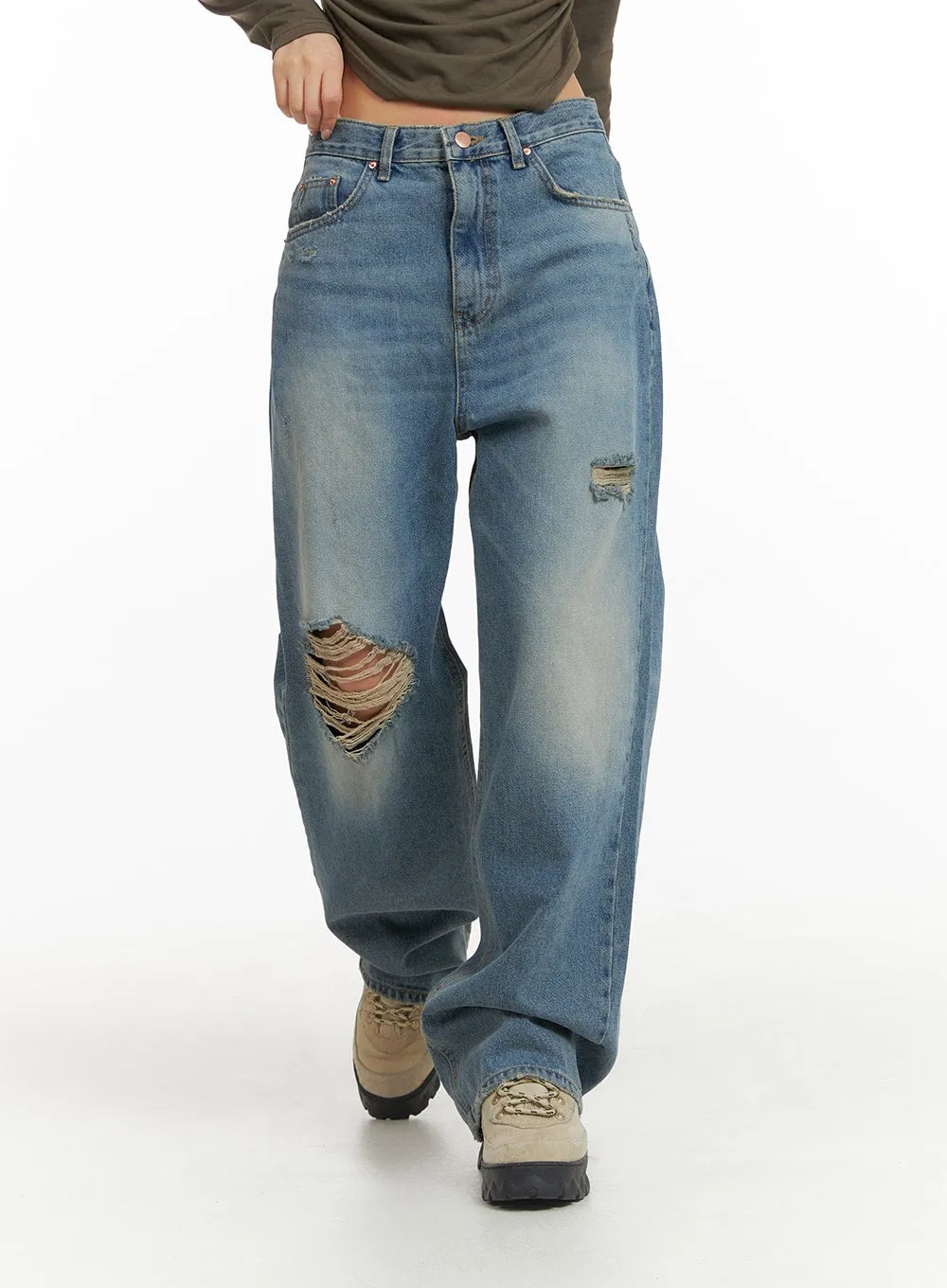 Ripped Washed Wide-Leg Jeans CJ426 sold by Lewkin product image thumbnail 5