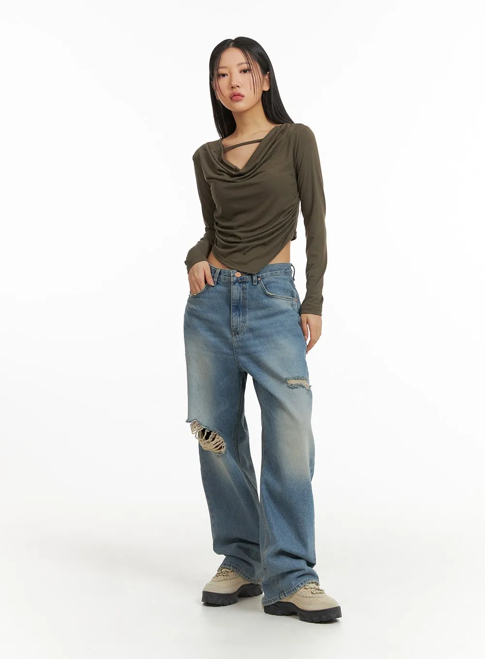 Ripped Washed Wide-Leg Jeans CJ426 sold by Lewkin product image thumbnail 2