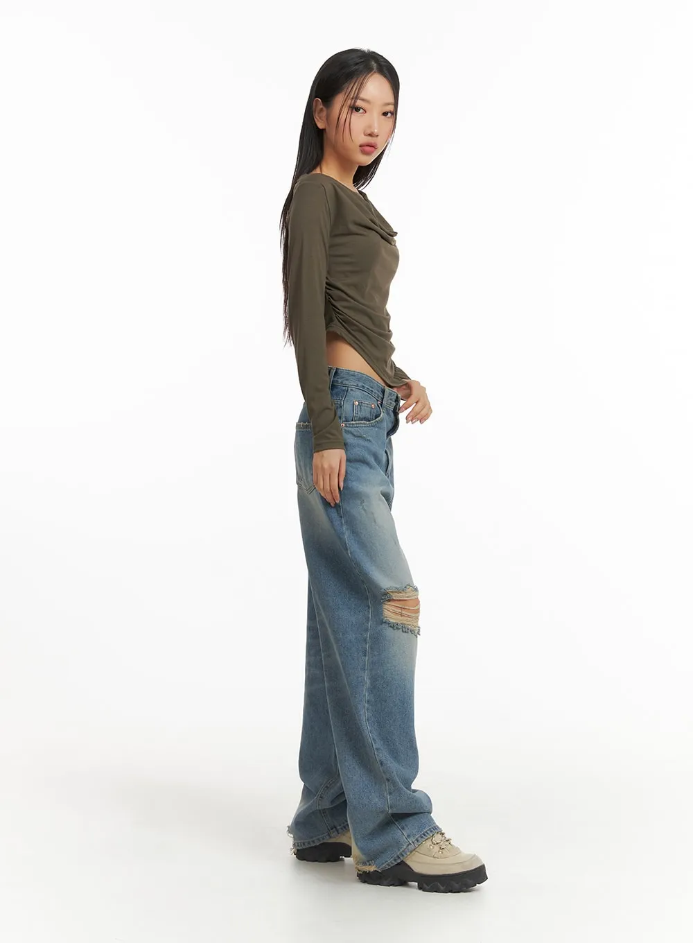 Ripped Washed Wide-Leg Jeans CJ426 sold by Lewkin product image thumbnail 3