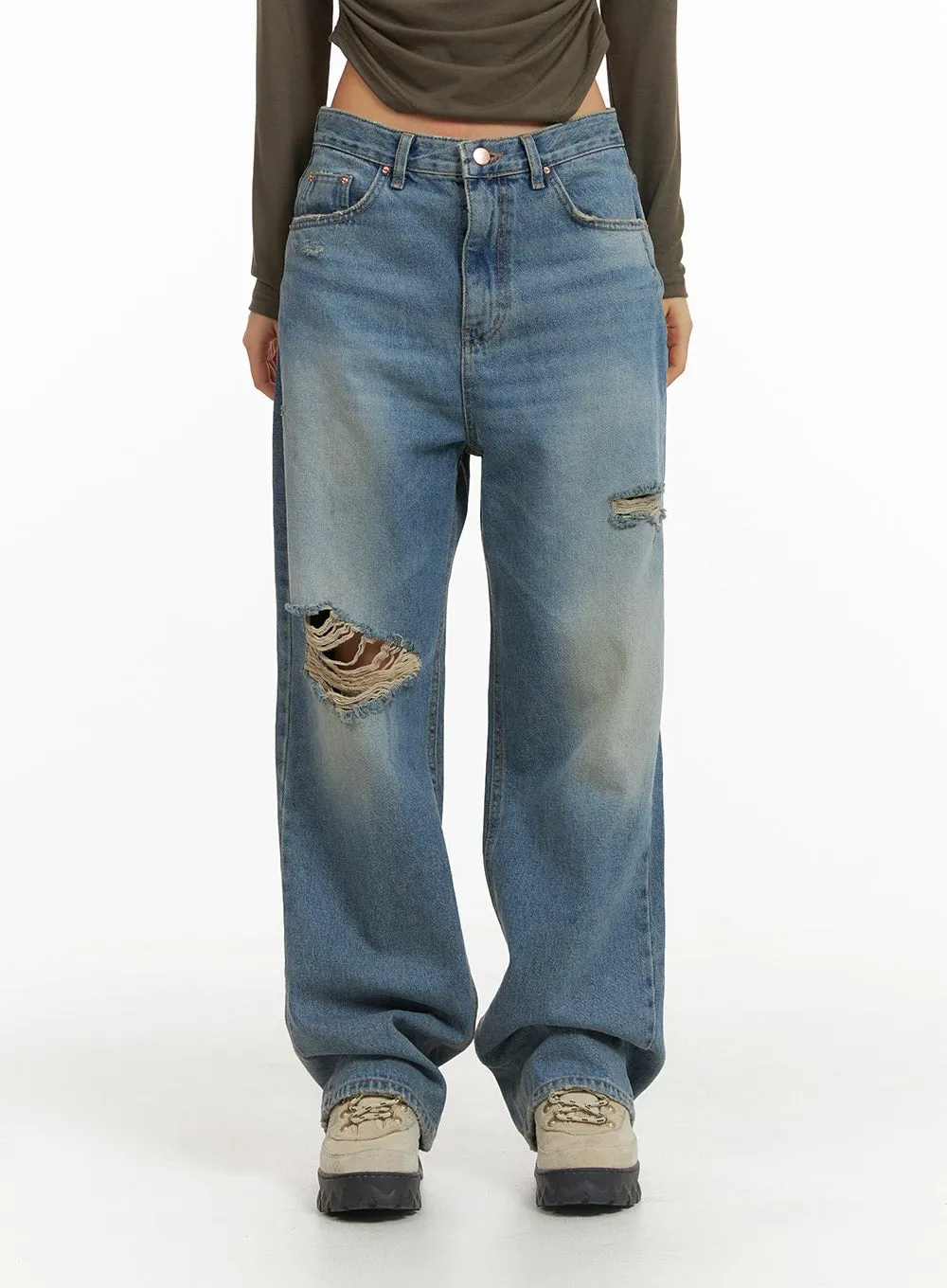 Ripped Washed Wide-Leg Jeans CJ426 sold by Lewkin
